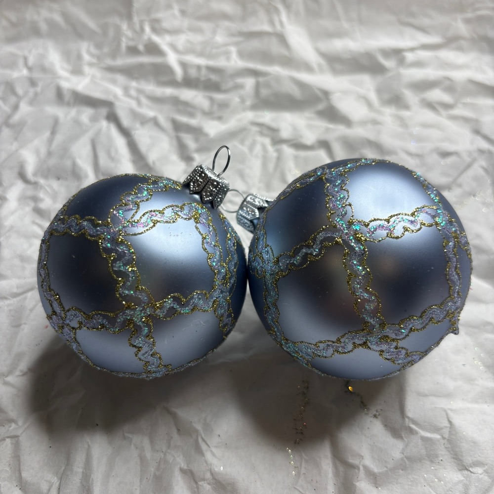 Crate&Barrel Christmas Ornaments Silverish Blue Glitter Trellis Set of 2 - Picture 7 of 9
